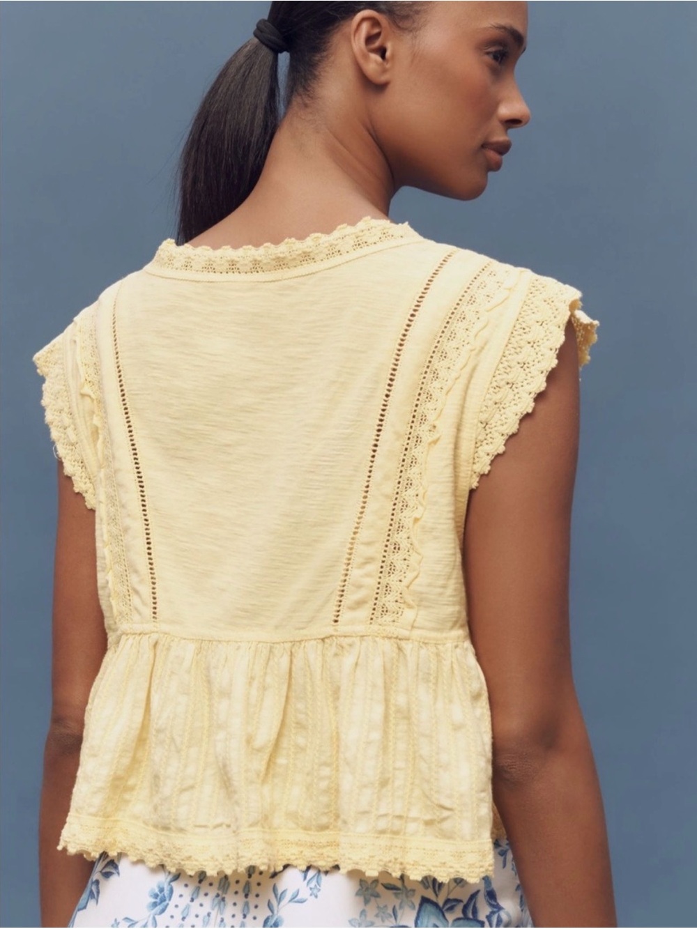 Pilcro Yellow Lace-Trim V-Neck Peplum Blouse - Picture 2 of 6